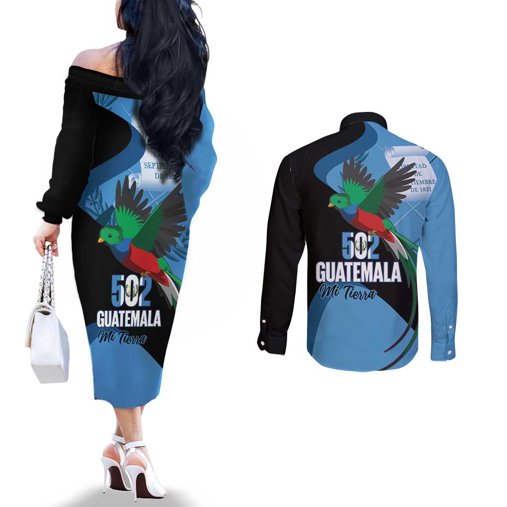 Guatemala Independence Day Couples Matching Off The Shoulder Long Sleeve Dress and Long Sleeve Button Shirt 502 Mi Tierra Resplendent Quetzal - Wonder Print Shop