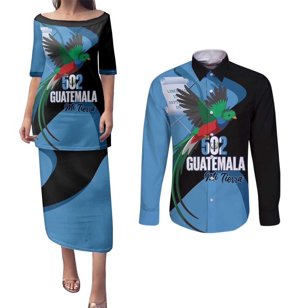 Guatemala Independence Day Couples Matching Puletasi and Long Sleeve Button Shirt 502 Mi Tierra Resplendent Quetzal - Wonder Print Shop