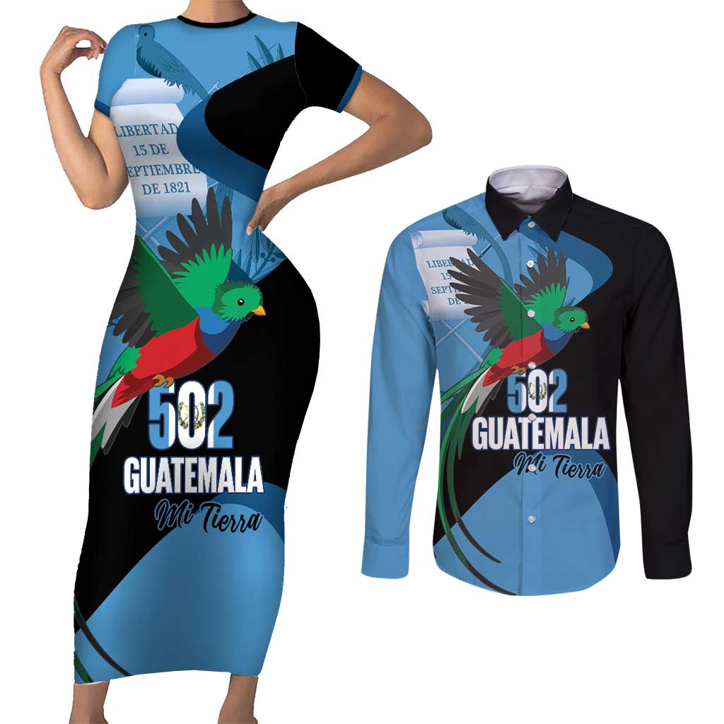 Guatemala Independence Day Couples Matching Short Sleeve Bodycon Dress and Long Sleeve Button Shirt 502 Mi Tierra Resplendent Quetzal - Wonder Print Shop