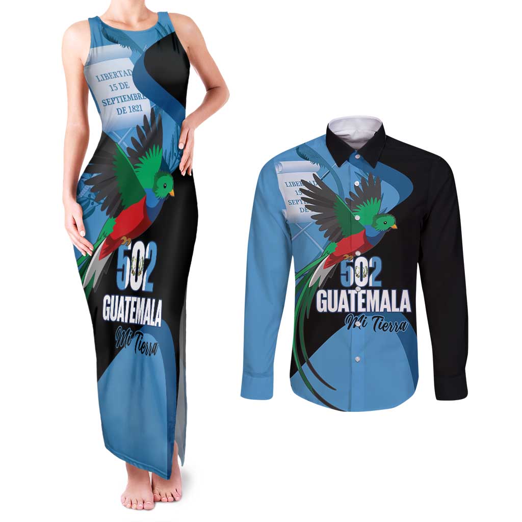 Guatemala Independence Day Couples Matching Tank Maxi Dress and Long Sleeve Button Shirt 502 Mi Tierra Resplendent Quetzal - Wonder Print Shop