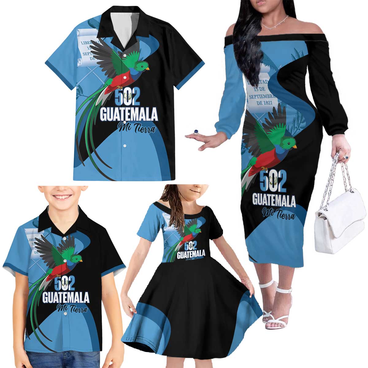 Guatemala Independence Day Family Matching Off The Shoulder Long Sleeve Dress and Hawaiian Shirt 502 Mi Tierra Resplendent Quetzal - Wonder Print Shop