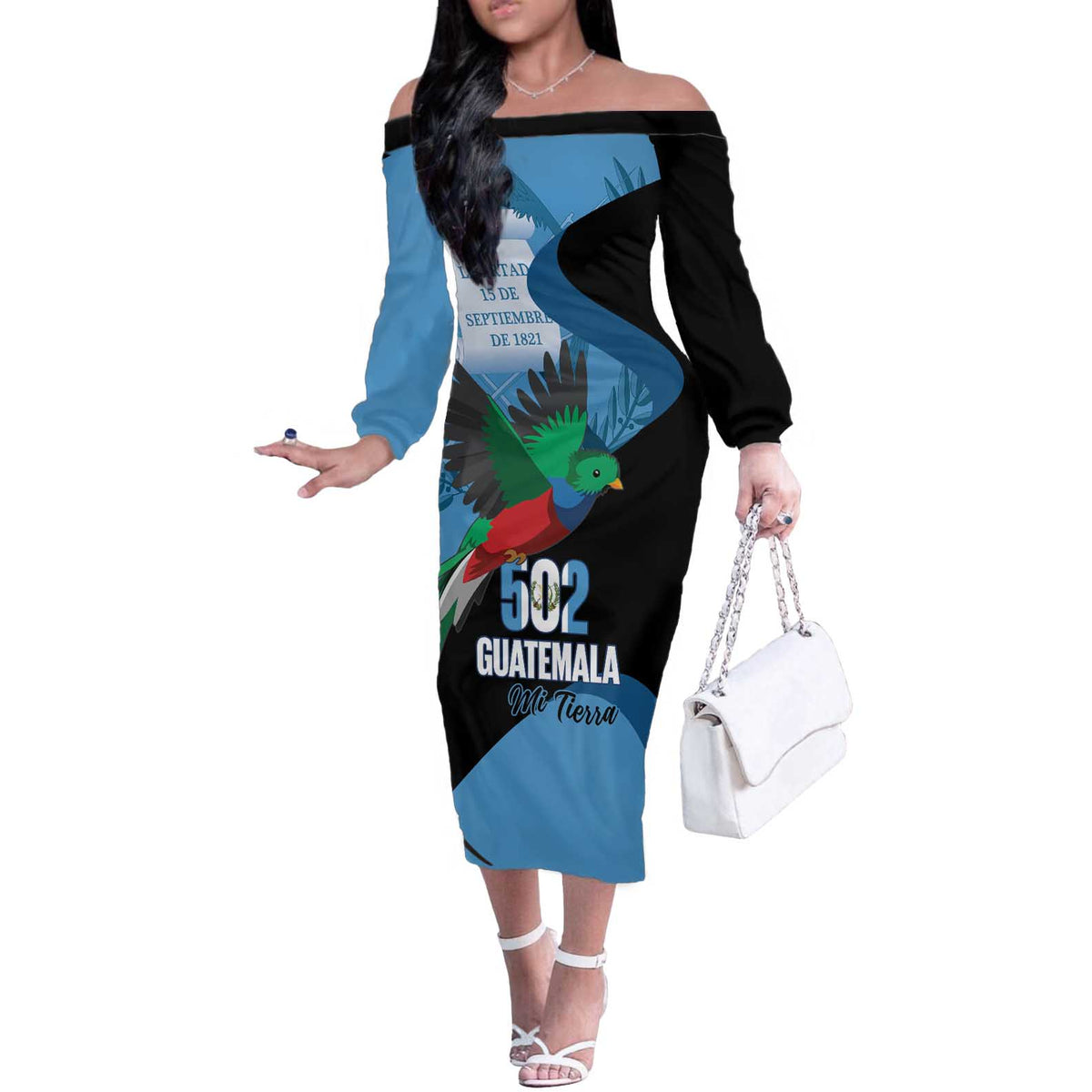 Guatemala Independence Day Off The Shoulder Long Sleeve Dress 502 Mi Tierra Resplendent Quetzal - Wonder Print Shop