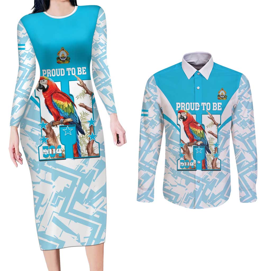 Honduras Independence Day Couples Matching Long Sleeve Bodycon Dress and Long Sleeve Button Shirt 504 Proud Scarlet Macaw - Wonder Print Shop