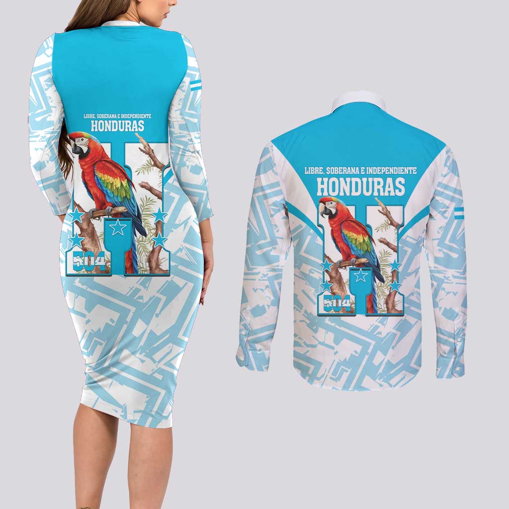 Honduras Independence Day Couples Matching Long Sleeve Bodycon Dress and Long Sleeve Button Shirt 504 Proud Scarlet Macaw - Wonder Print Shop