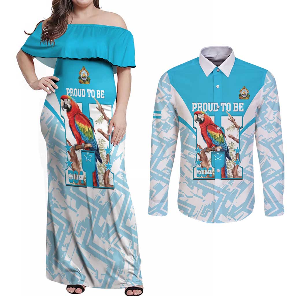 Honduras Independence Day Couples Matching Off Shoulder Maxi Dress and Long Sleeve Button Shirt 504 Proud Scarlet Macaw - Wonder Print Shop