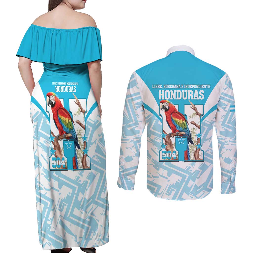 Honduras Independence Day Couples Matching Off Shoulder Maxi Dress and Long Sleeve Button Shirt 504 Proud Scarlet Macaw - Wonder Print Shop