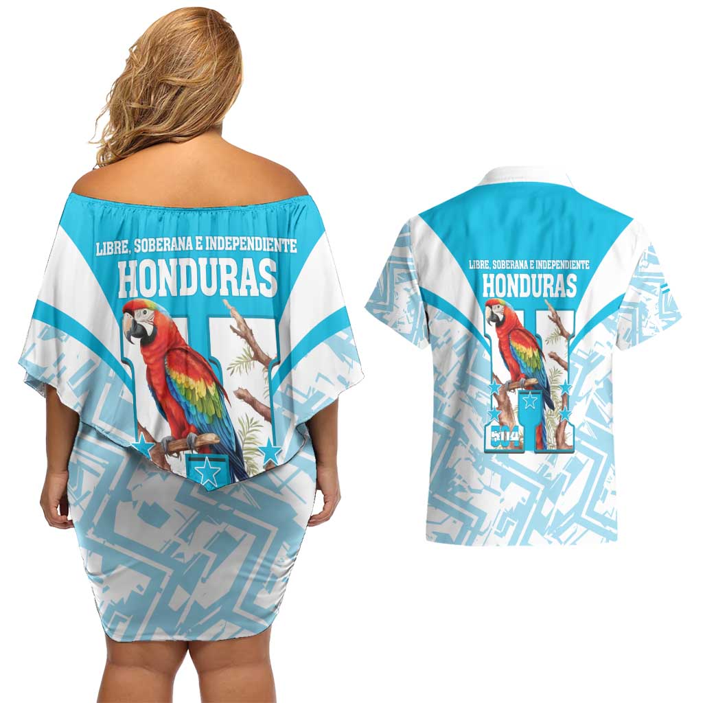 Honduras Independence Day Couples Matching Off Shoulder Short Dress and Hawaiian Shirt 504 Proud Scarlet Macaw - Wonder Print Shop