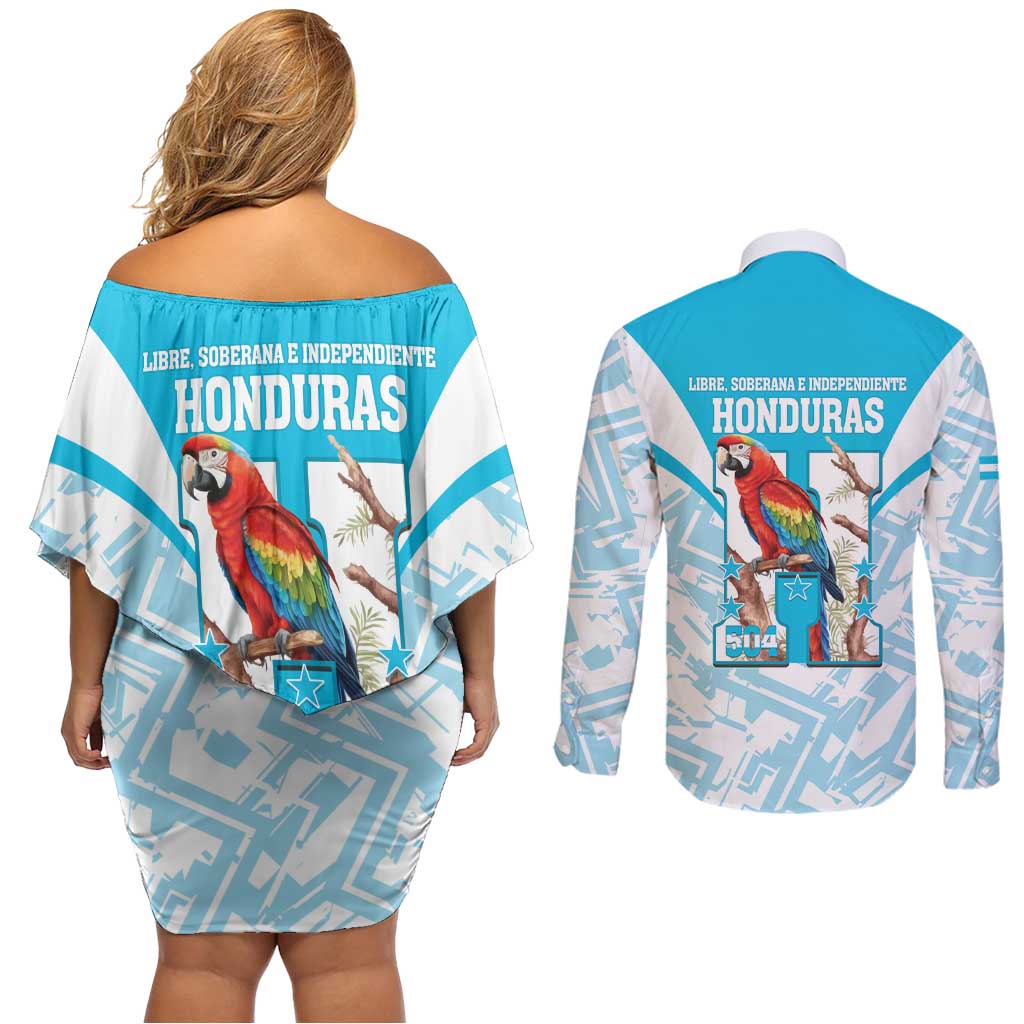 Honduras Independence Day Couples Matching Off Shoulder Short Dress and Long Sleeve Button Shirt 504 Proud Scarlet Macaw - Wonder Print Shop