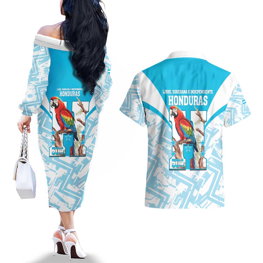 Honduras Independence Day Couples Matching Off The Shoulder Long Sleeve Dress and Hawaiian Shirt 504 Proud Scarlet Macaw - Wonder Print Shop