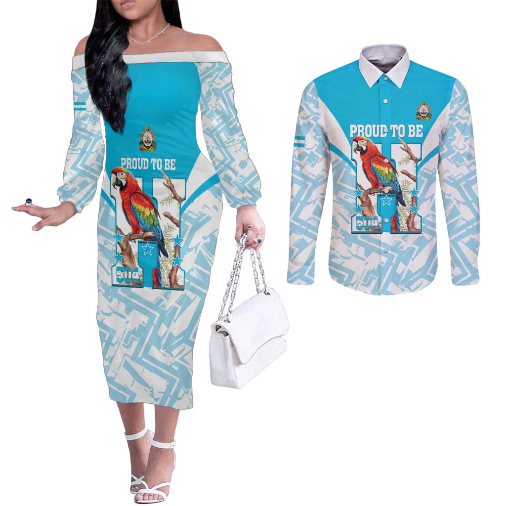 Honduras Independence Day Couples Matching Off The Shoulder Long Sleeve Dress and Long Sleeve Button Shirt 504 Proud Scarlet Macaw - Wonder Print Shop