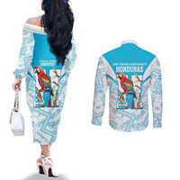 Honduras Independence Day Couples Matching Off The Shoulder Long Sleeve Dress and Long Sleeve Button Shirt 504 Proud Scarlet Macaw - Wonder Print Shop