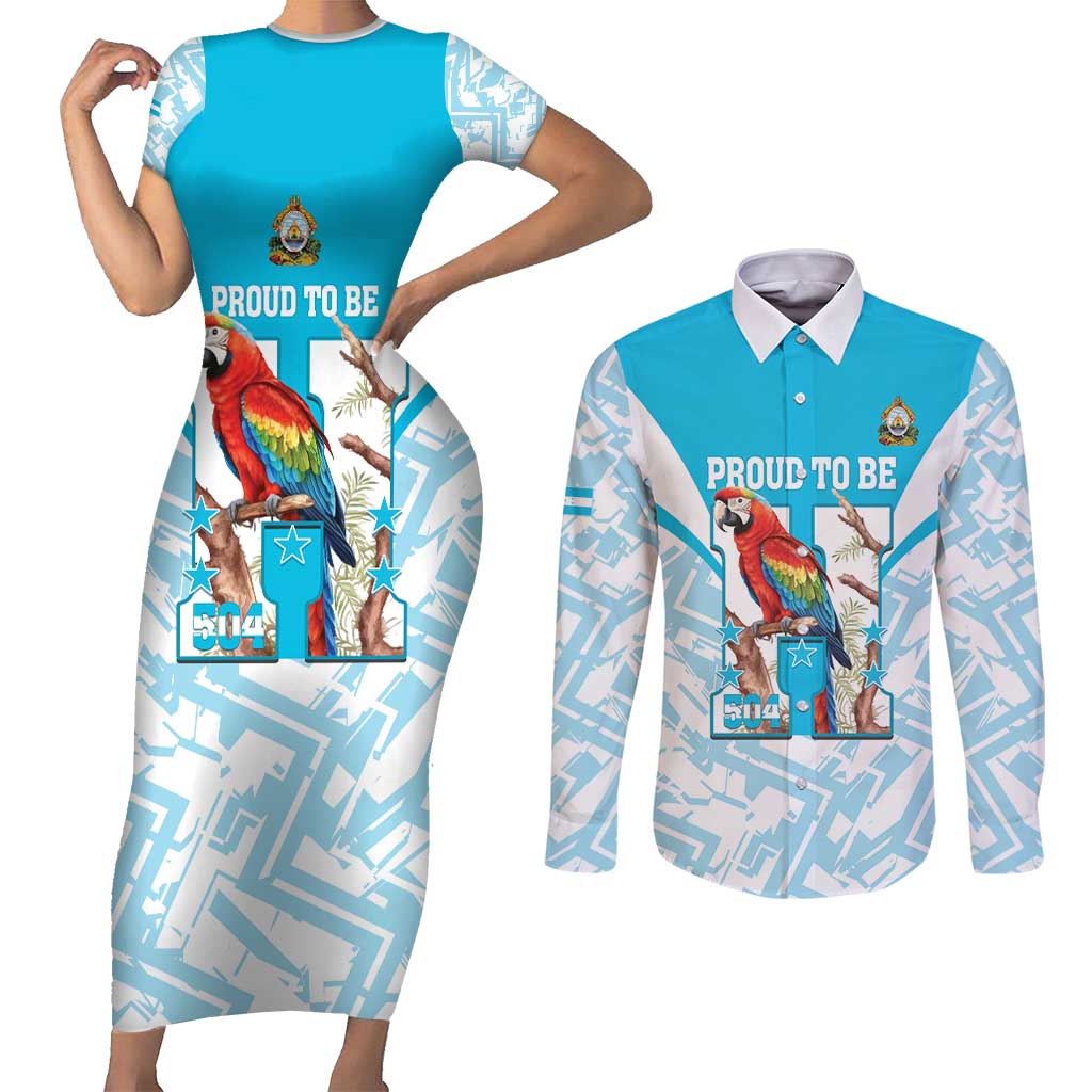 Honduras Independence Day Couples Matching Short Sleeve Bodycon Dress and Long Sleeve Button Shirt 504 Proud Scarlet Macaw - Wonder Print Shop