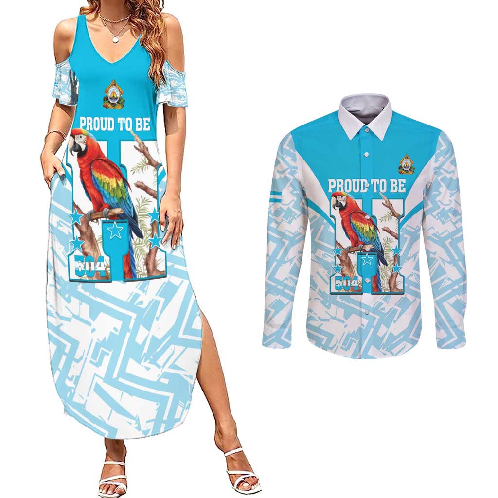 Honduras Independence Day Couples Matching Summer Maxi Dress and Long Sleeve Button Shirt 504 Proud Scarlet Macaw - Wonder Print Shop