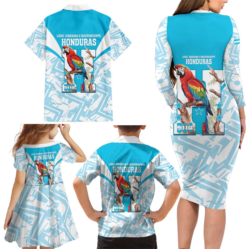 Honduras Independence Day Family Matching Long Sleeve Bodycon Dress and Hawaiian Shirt 504 Proud Scarlet Macaw - Wonder Print Shop