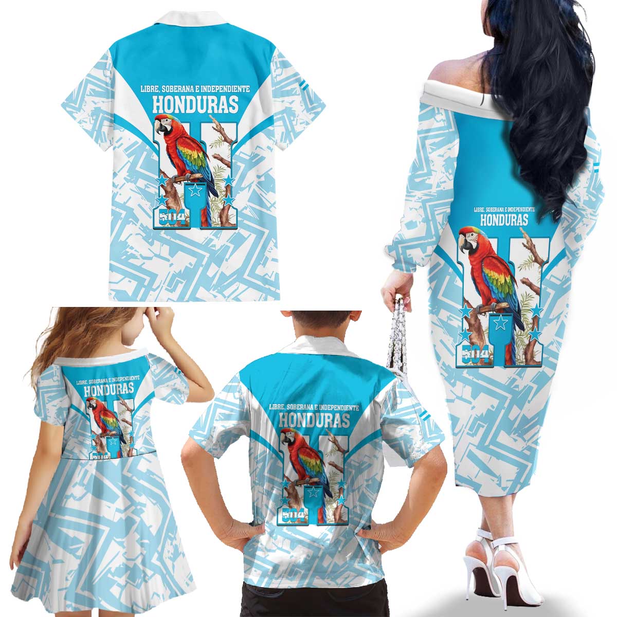 Honduras Independence Day Family Matching Off The Shoulder Long Sleeve Dress and Hawaiian Shirt 504 Proud Scarlet Macaw - Wonder Print Shop