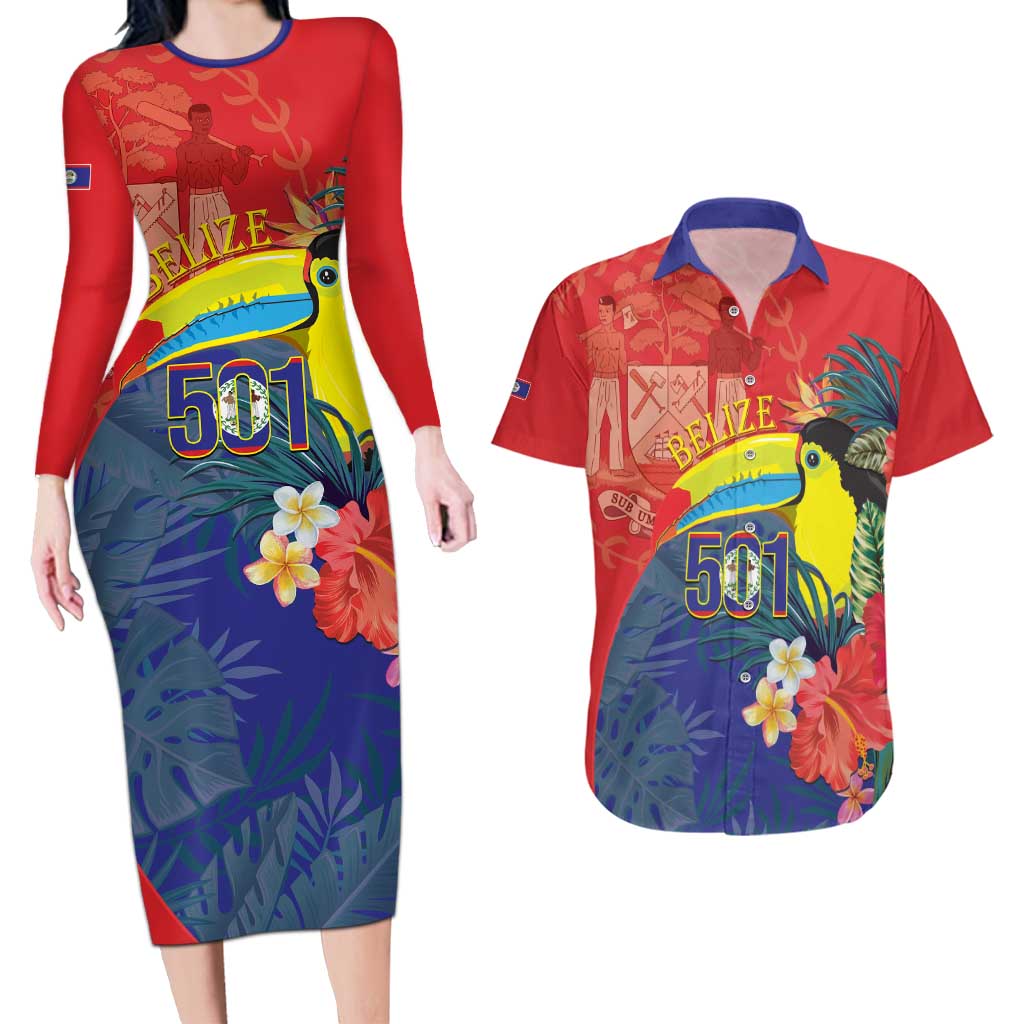 Belize Independence Day Couples Matching Long Sleeve Bodycon Dress and Hawaiian Shirt 501 Proud Keel Billed Toucan Tropical - Wonder Print Shop