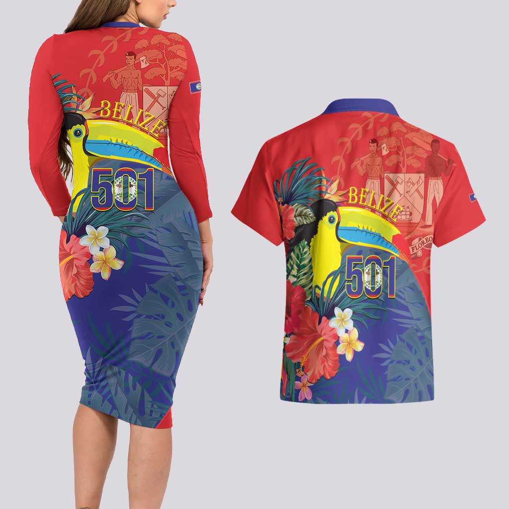 Belize Independence Day Couples Matching Long Sleeve Bodycon Dress and Hawaiian Shirt 501 Proud Keel Billed Toucan Tropical - Wonder Print Shop