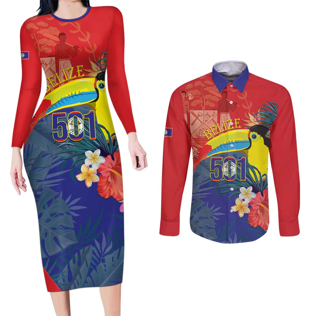 Belize Independence Day Couples Matching Long Sleeve Bodycon Dress and Long Sleeve Button Shirt 501 Proud Keel Billed Toucan Tropical - Wonder Print Shop