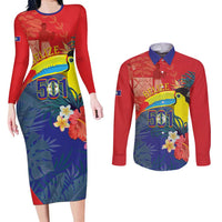 Belize Independence Day Couples Matching Long Sleeve Bodycon Dress and Long Sleeve Button Shirt 501 Proud Keel Billed Toucan Tropical - Wonder Print Shop