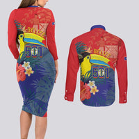 Belize Independence Day Couples Matching Long Sleeve Bodycon Dress and Long Sleeve Button Shirt 501 Proud Keel Billed Toucan Tropical - Wonder Print Shop