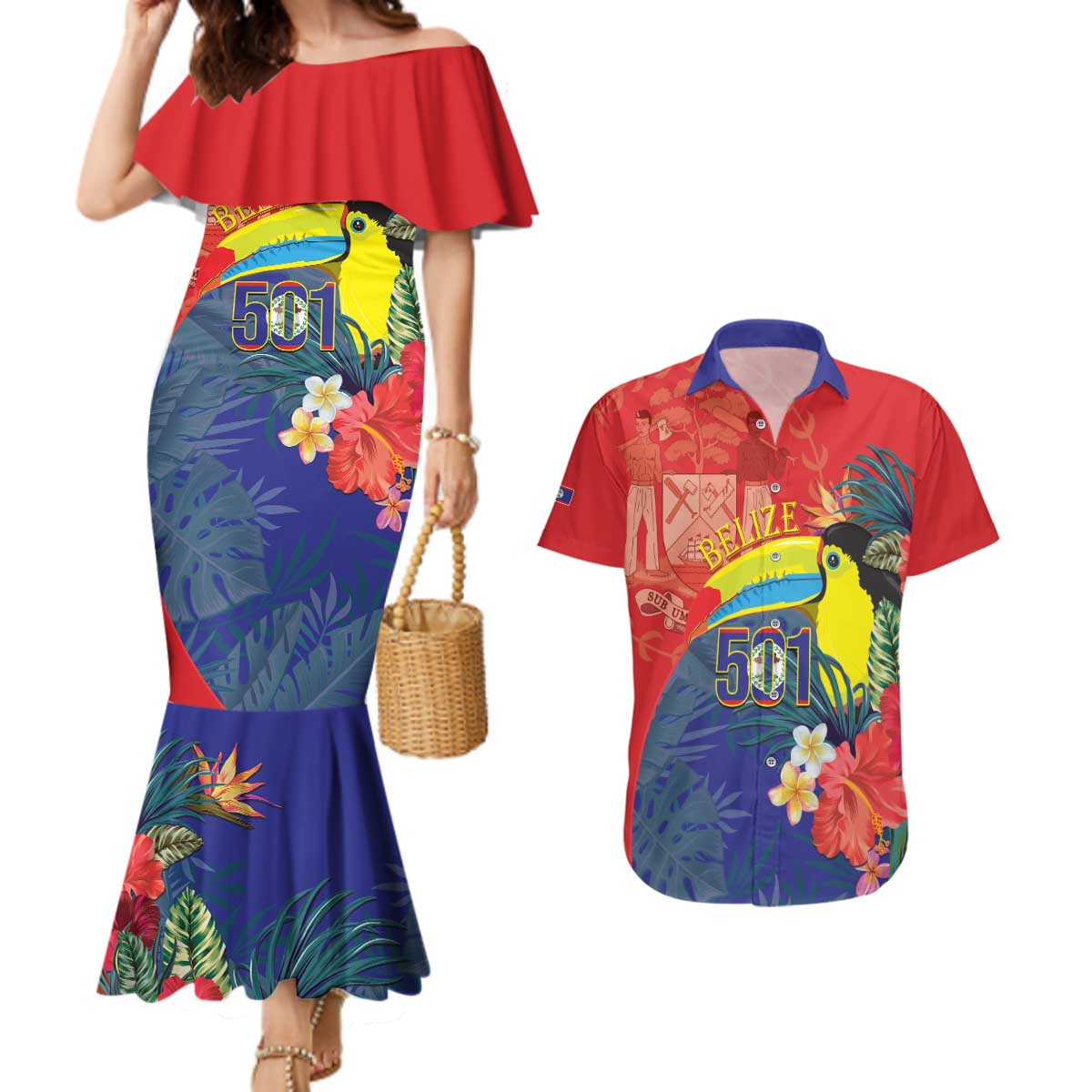 Belize Independence Day Couples Matching Mermaid Dress and Hawaiian Shirt 501 Proud Keel Billed Toucan Tropical - Wonder Print Shop