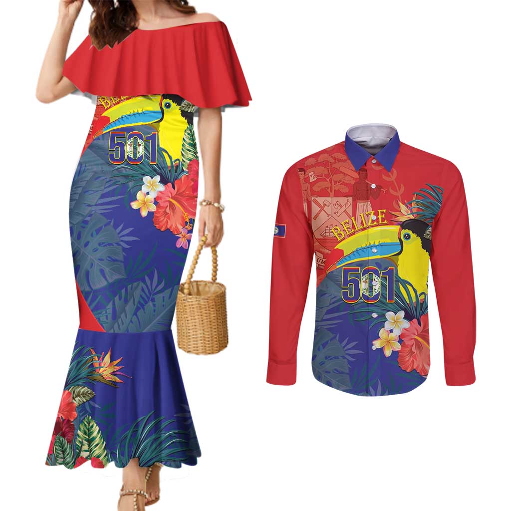 Belize Independence Day Couples Matching Mermaid Dress and Long Sleeve Button Shirt 501 Proud Keel Billed Toucan Tropical - Wonder Print Shop