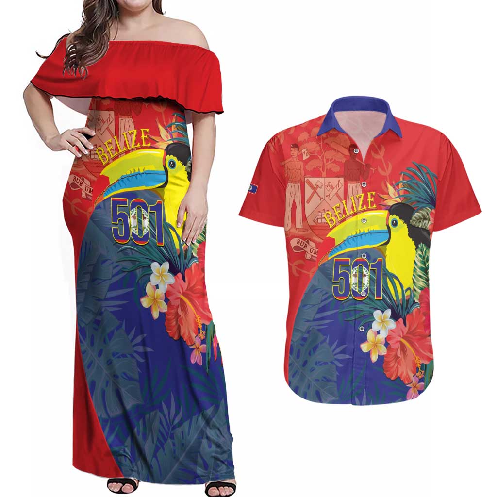 Belize Independence Day Couples Matching Off Shoulder Maxi Dress and Hawaiian Shirt 501 Proud Keel Billed Toucan Tropical - Wonder Print Shop