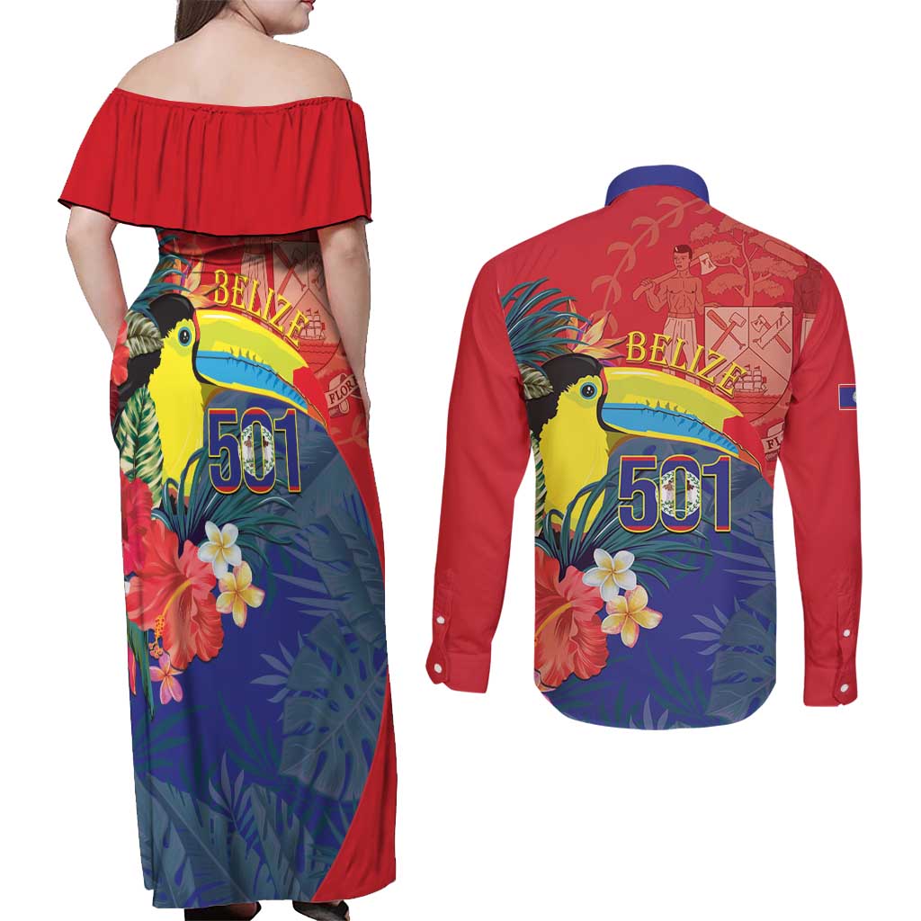 Belize Independence Day Couples Matching Off Shoulder Maxi Dress and Long Sleeve Button Shirt 501 Proud Keel Billed Toucan Tropical - Wonder Print Shop