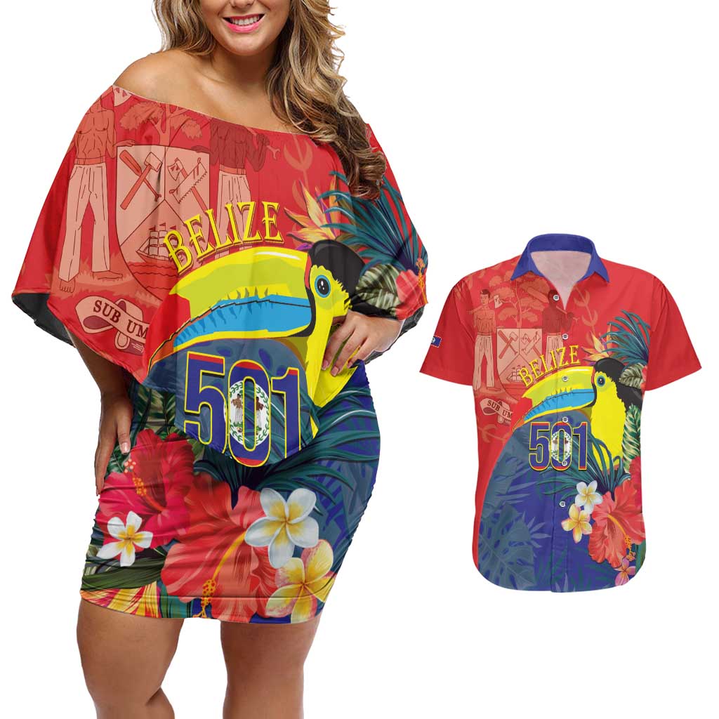 Belize Independence Day Couples Matching Off Shoulder Short Dress and Hawaiian Shirt 501 Proud Keel Billed Toucan Tropical - Wonder Print Shop