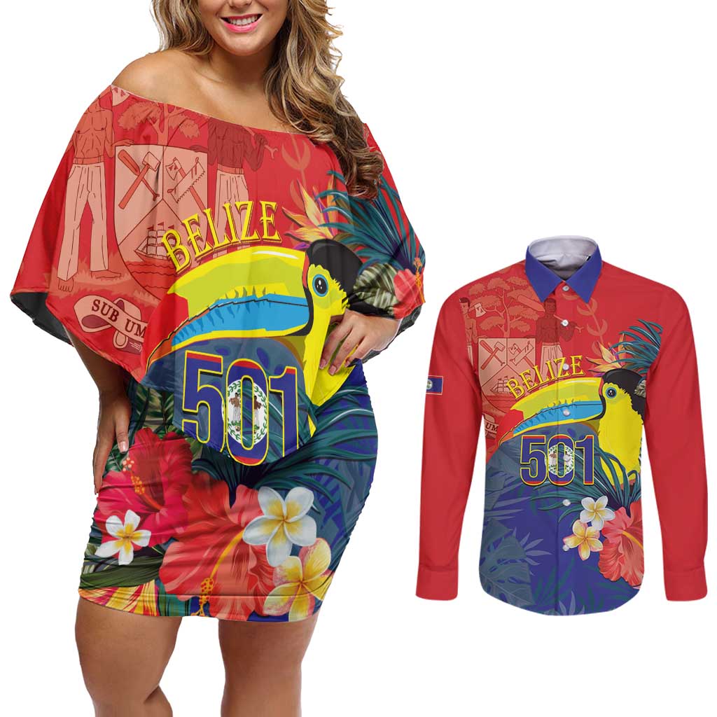 Belize Independence Day Couples Matching Off Shoulder Short Dress and Long Sleeve Button Shirt 501 Proud Keel Billed Toucan Tropical - Wonder Print Shop