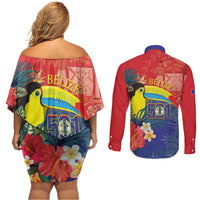 Belize Independence Day Couples Matching Off Shoulder Short Dress and Long Sleeve Button Shirt 501 Proud Keel Billed Toucan Tropical - Wonder Print Shop