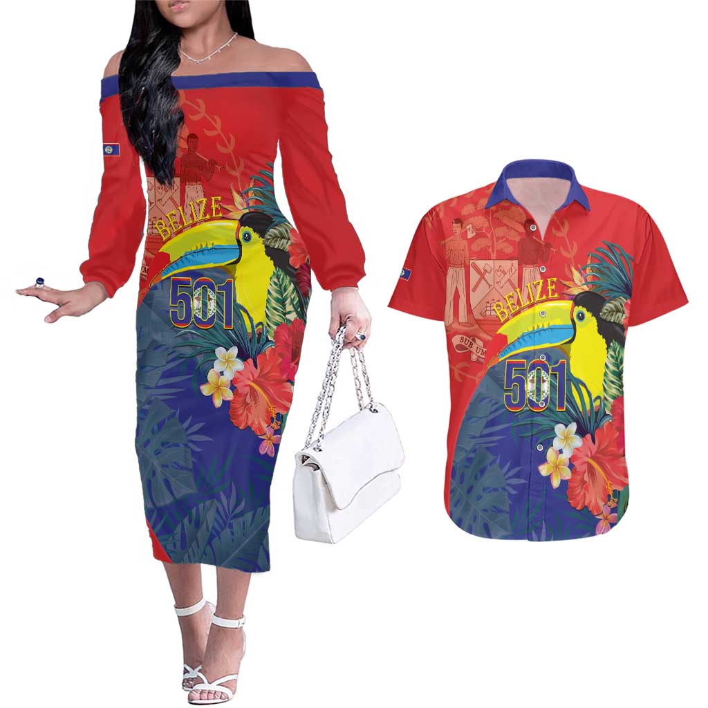 Belize Independence Day Couples Matching Off The Shoulder Long Sleeve Dress and Hawaiian Shirt 501 Proud Keel Billed Toucan Tropical - Wonder Print Shop