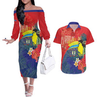 Belize Independence Day Couples Matching Off The Shoulder Long Sleeve Dress and Hawaiian Shirt 501 Proud Keel Billed Toucan Tropical - Wonder Print Shop