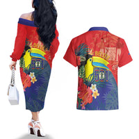 Belize Independence Day Couples Matching Off The Shoulder Long Sleeve Dress and Hawaiian Shirt 501 Proud Keel Billed Toucan Tropical - Wonder Print Shop