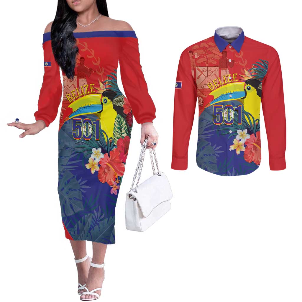 Belize Independence Day Couples Matching Off The Shoulder Long Sleeve Dress and Long Sleeve Button Shirt 501 Proud Keel Billed Toucan Tropical - Wonder Print Shop