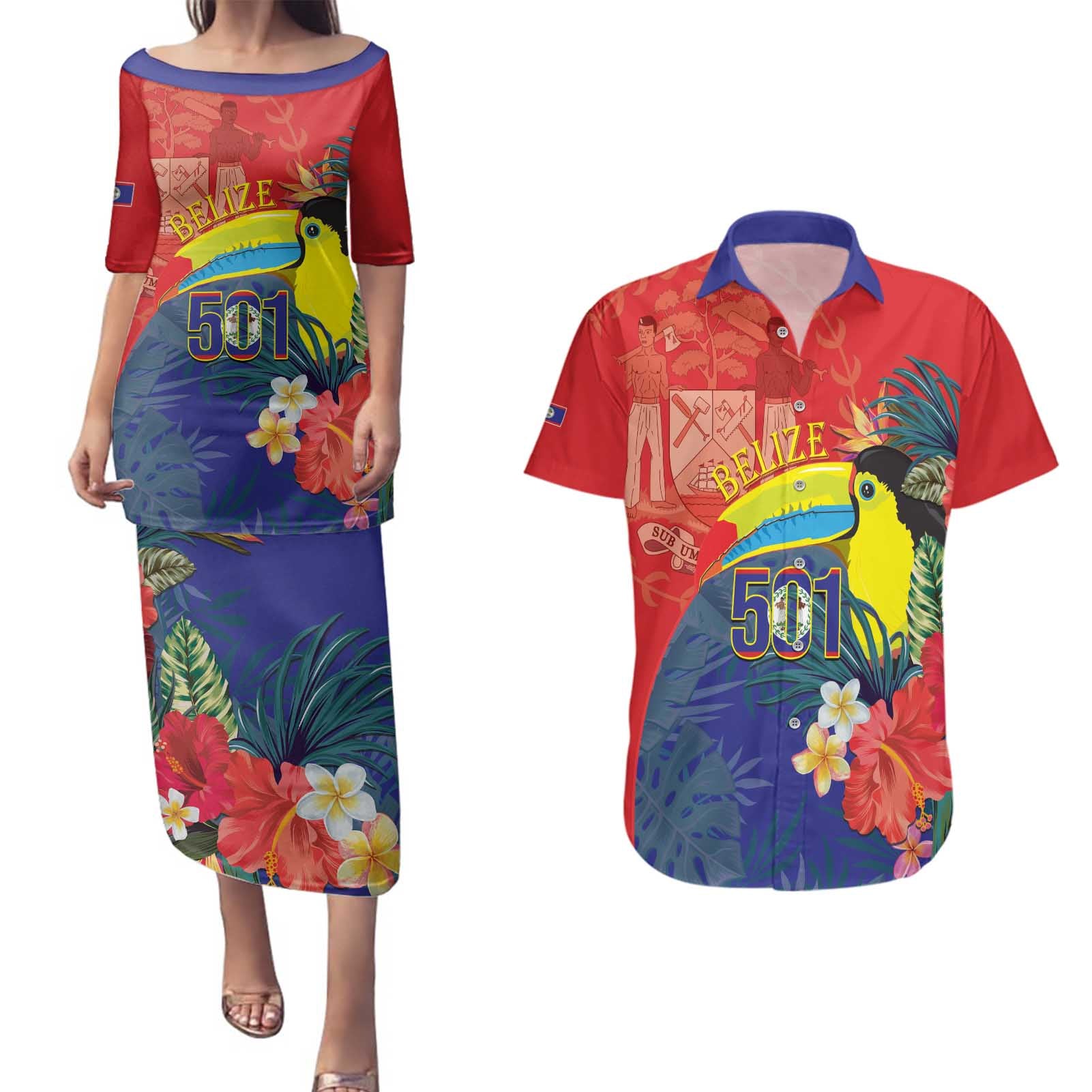 Belize Independence Day Couples Matching Puletasi and Hawaiian Shirt 501 Proud Keel Billed Toucan Tropical - Wonder Print Shop