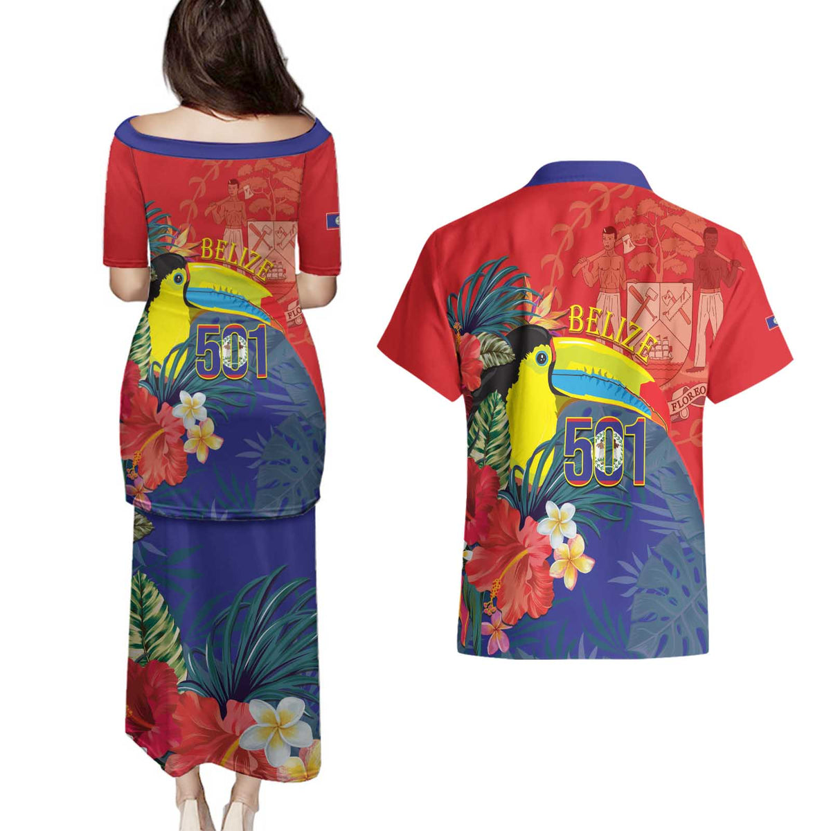 Belize Independence Day Couples Matching Puletasi and Hawaiian Shirt 501 Proud Keel Billed Toucan Tropical - Wonder Print Shop