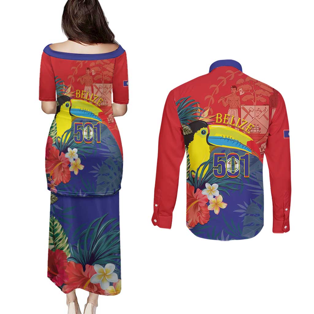 Belize Independence Day Couples Matching Puletasi and Long Sleeve Button Shirt 501 Proud Keel Billed Toucan Tropical - Wonder Print Shop
