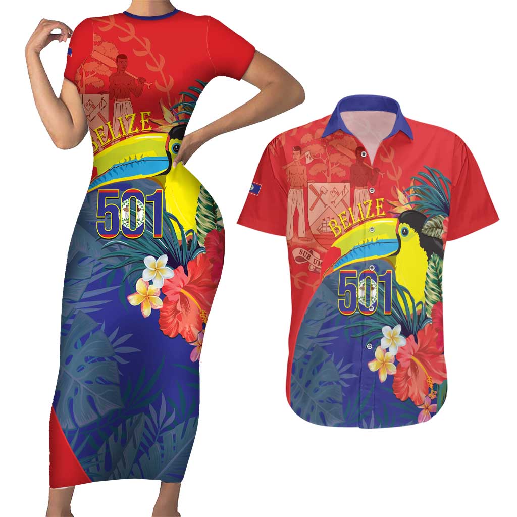 Belize Independence Day Couples Matching Short Sleeve Bodycon Dress and Hawaiian Shirt 501 Proud Keel Billed Toucan Tropical - Wonder Print Shop