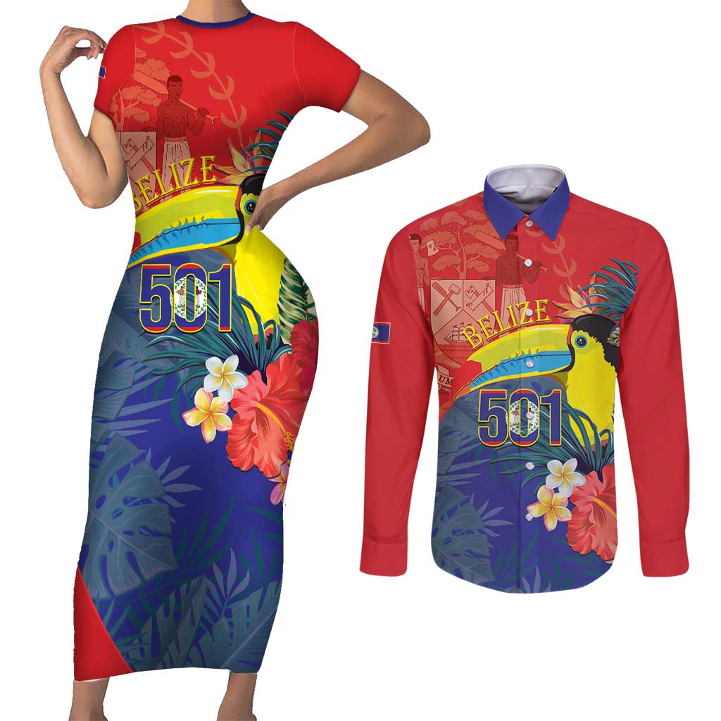 Belize Independence Day Couples Matching Short Sleeve Bodycon Dress and Long Sleeve Button Shirt 501 Proud Keel Billed Toucan Tropical - Wonder Print Shop