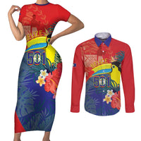Belize Independence Day Couples Matching Short Sleeve Bodycon Dress and Long Sleeve Button Shirt 501 Proud Keel Billed Toucan Tropical - Wonder Print Shop