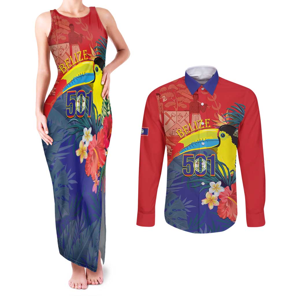 Belize Independence Day Couples Matching Tank Maxi Dress and Long Sleeve Button Shirt 501 Proud Keel Billed Toucan Tropical - Wonder Print Shop