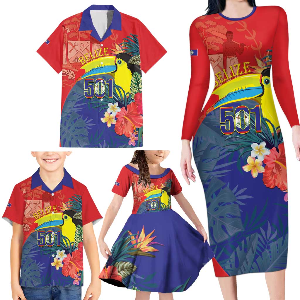 Belize Independence Day Family Matching Long Sleeve Bodycon Dress and Hawaiian Shirt 501 Proud Keel Billed Toucan Tropical - Wonder Print Shop
