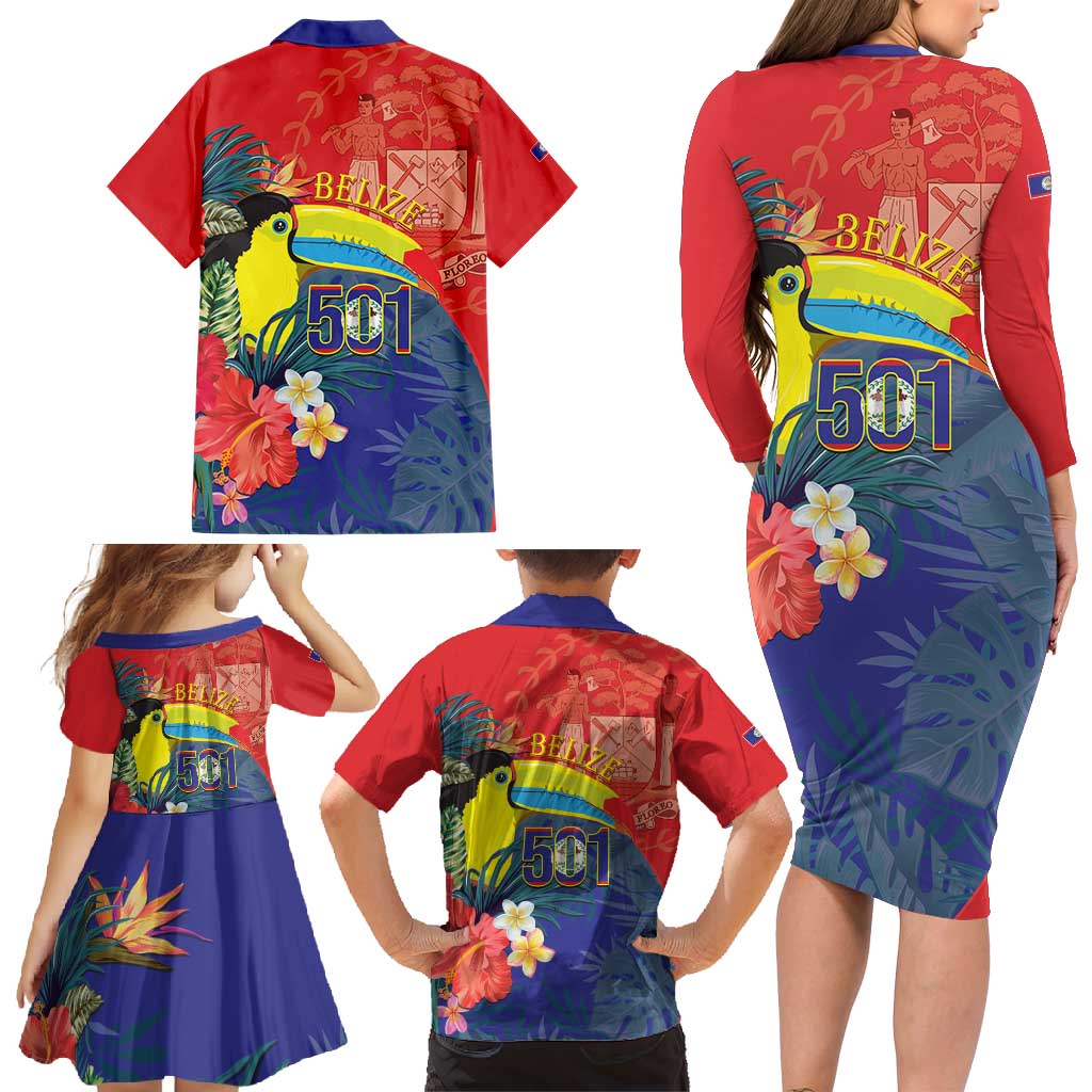 Belize Independence Day Family Matching Long Sleeve Bodycon Dress and Hawaiian Shirt 501 Proud Keel Billed Toucan Tropical - Wonder Print Shop