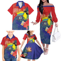 Belize Independence Day Family Matching Off The Shoulder Long Sleeve Dress and Hawaiian Shirt 501 Proud Keel Billed Toucan Tropical - Wonder Print Shop