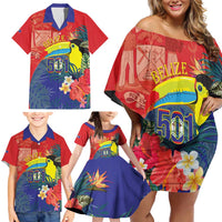 Belize Independence Day Family Matching Off Shoulder Short Dress and Hawaiian Shirt 501 Proud Keel Billed Toucan Tropical - Wonder Print Shop