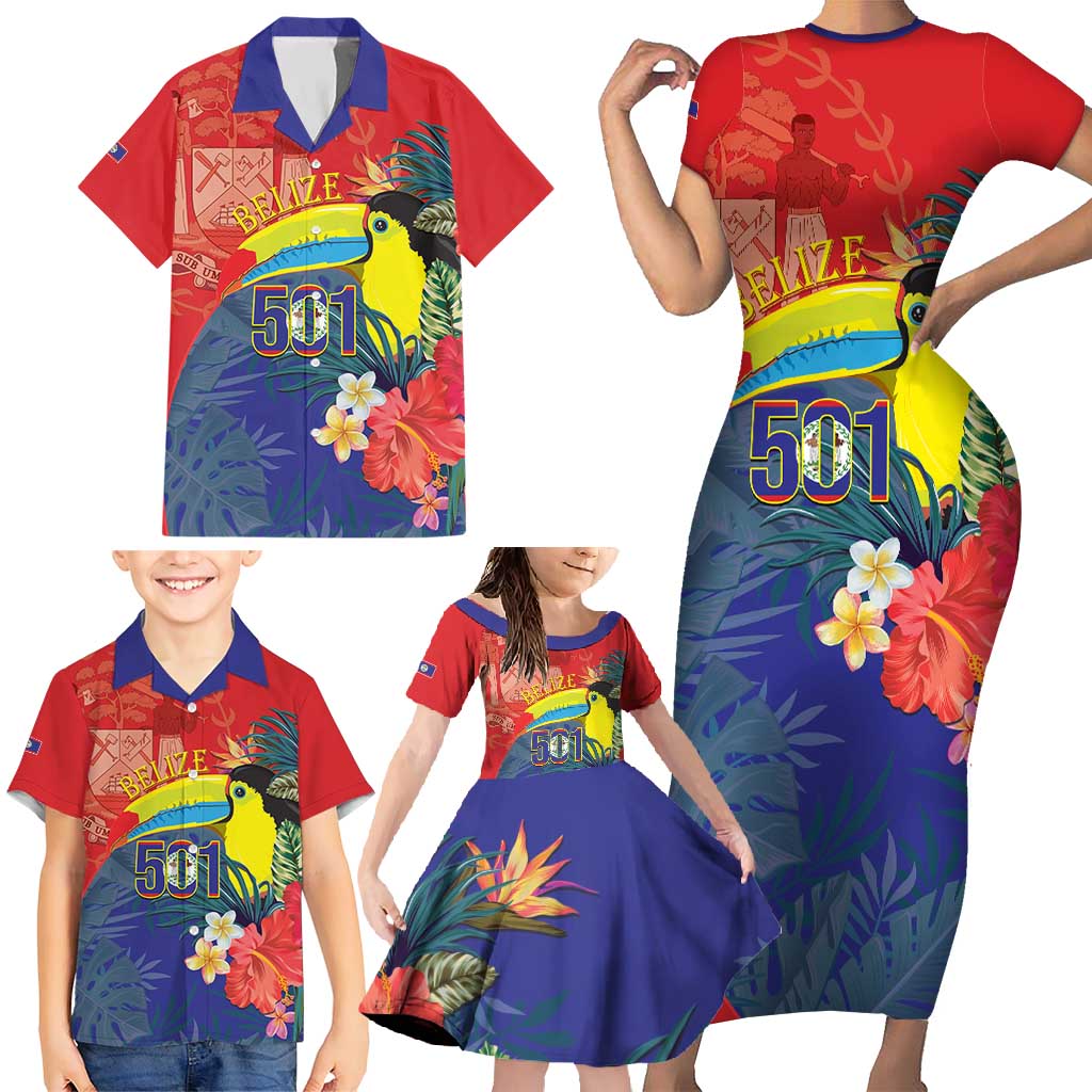 Belize Independence Day Family Matching Short Sleeve Bodycon Dress and Hawaiian Shirt 501 Proud Keel Billed Toucan Tropical - Wonder Print Shop