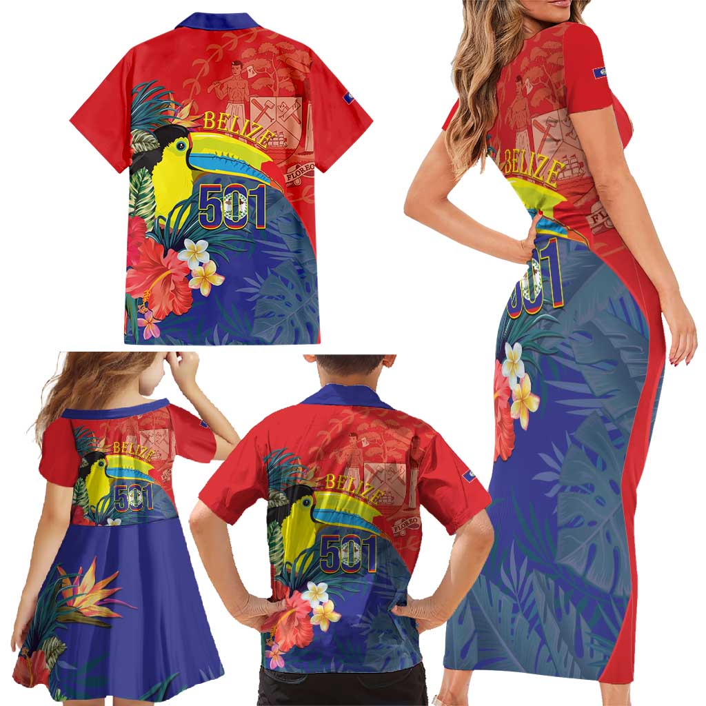 Belize Independence Day Family Matching Short Sleeve Bodycon Dress and Hawaiian Shirt 501 Proud Keel Billed Toucan Tropical - Wonder Print Shop