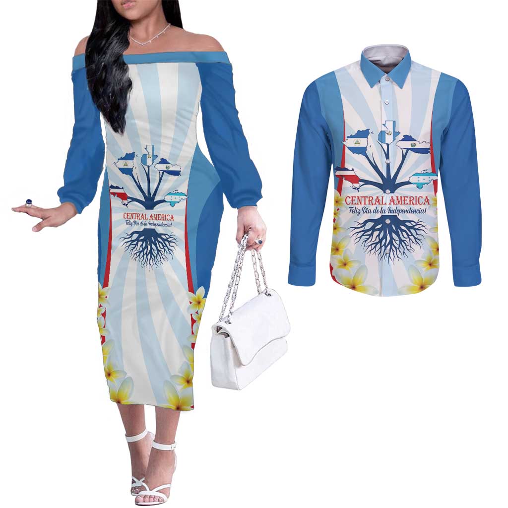 Central America Independence day Couples Matching Off The Shoulder Long Sleeve Dress and Long Sleeve Button Shirt September 15th Together We Grow - Wonder Print Shop