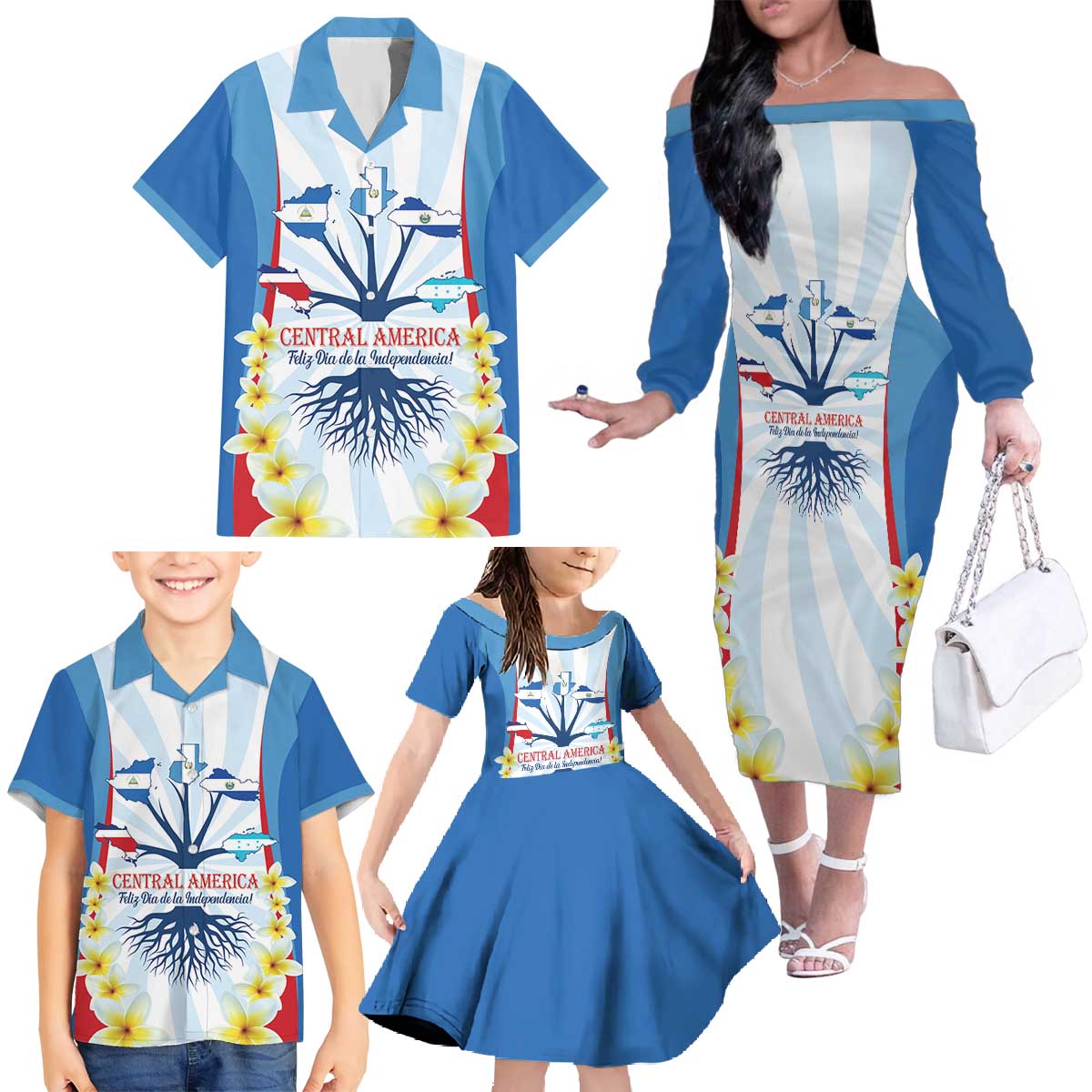 Central America Independence day Family Matching Off The Shoulder Long Sleeve Dress and Hawaiian Shirt September 15th Together We Grow - Wonder Print Shop